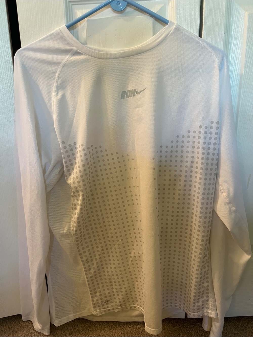 Nike White RUN Long-Sleeve Performance Tee with Gray Dot Pattern